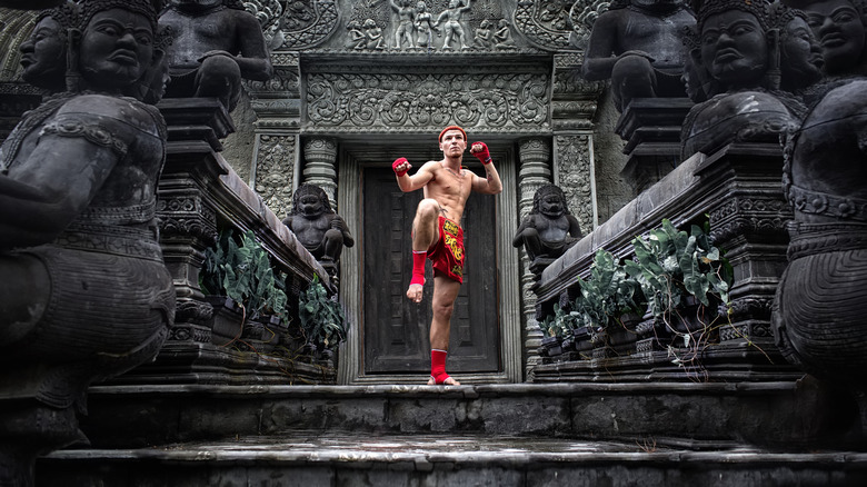 man kicking in front of temple