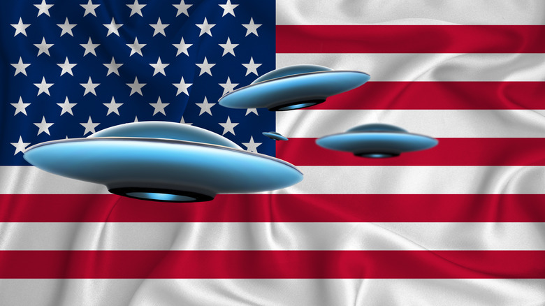 Group of UFOs in front of an American flag