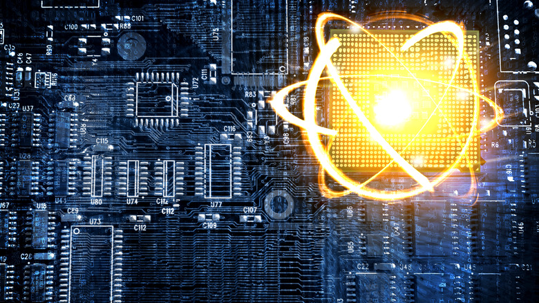 computer screen showing quantum physics symbol and running data