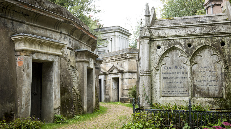 Highgate Cemetery tombs covered in moss