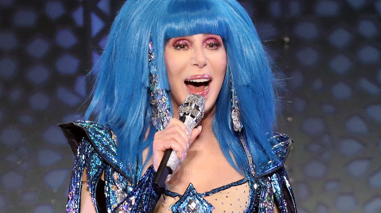 Cher singing in blue wig