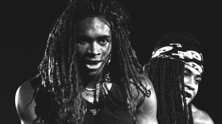 black-and-white photo of milli vanilli