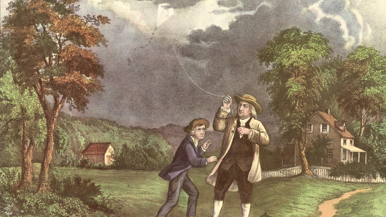 Benjamin Franklin and son flying kite in storm