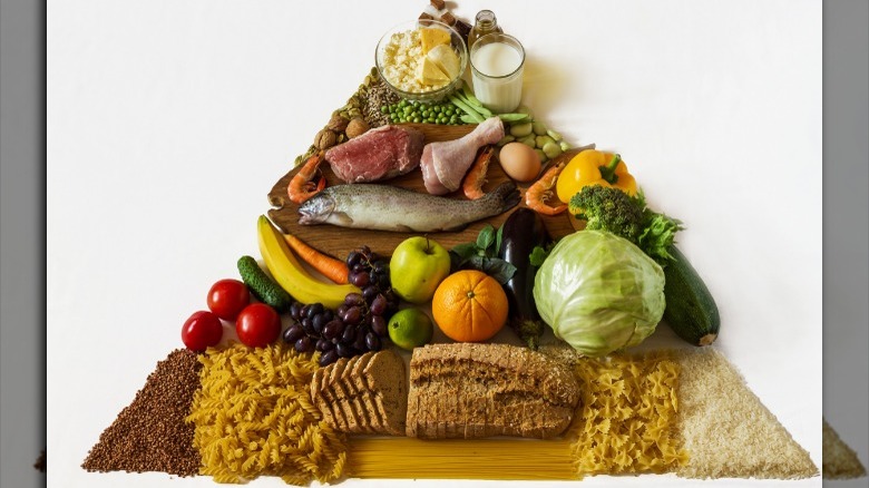 Food stacked in classic food pyramid