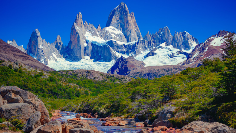 blue river winding below Fitz Roy