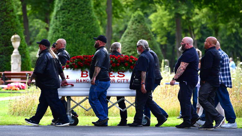 Hells Angel funeral with men carrying casket