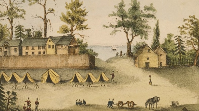 Soldiers in camp outside the fortified houses, Picolata, Florida, 1837