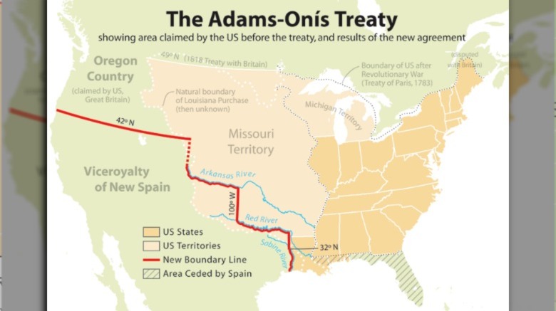 A map showing the results of the Adams-Onis treaty, featuring the land exchanged with Spain