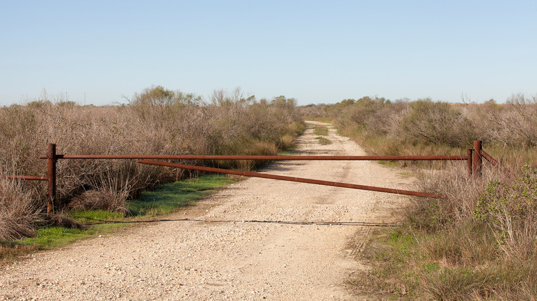 Dirt road to an oil rigs field in Galveston, Texas