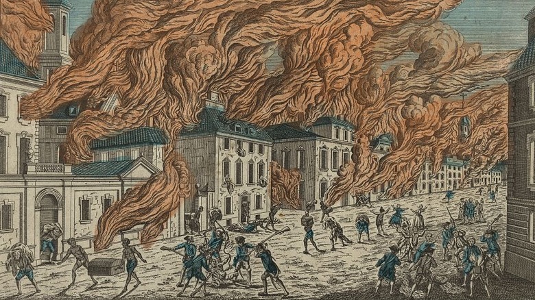 Print shows several buildings along street engulfed in flames during fire on September 19, 1776, citizens being beaten by Redcoats