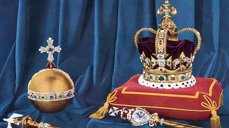 Photo from 1952 of St Edward's Crown, the Orb, the Sceptre with the Cross, Sceptre with the Dove, and the Coronation Ring