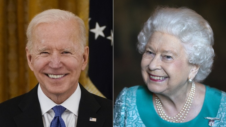President Joe Biden smiling, Queen Elizabeth smiling