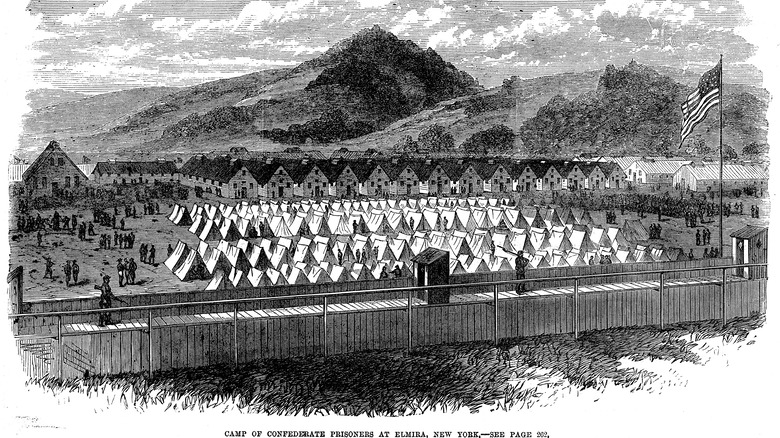 Drawing of Elmira prison camp in 1865