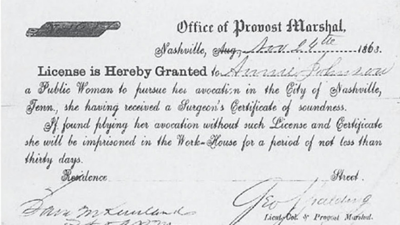 Union Army prostitution license, 1863