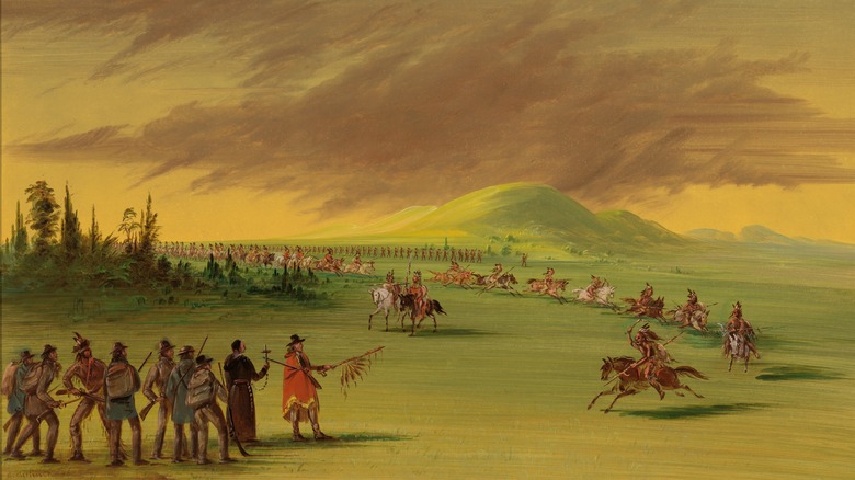 painting of LaSalle and Cenis Indians meeting in field