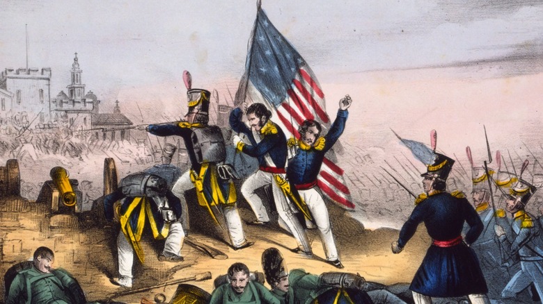 painting of Mexican American War with troops holding American flag