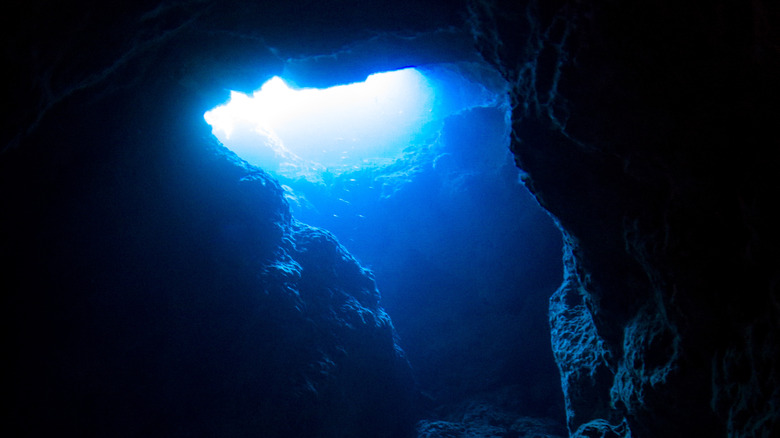 Blue light underwater cave