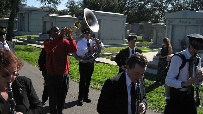 New Orleans jazz funeral in cemetery