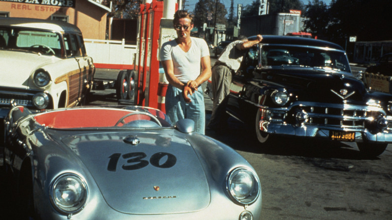 James Dean with his silver 550 Spyder