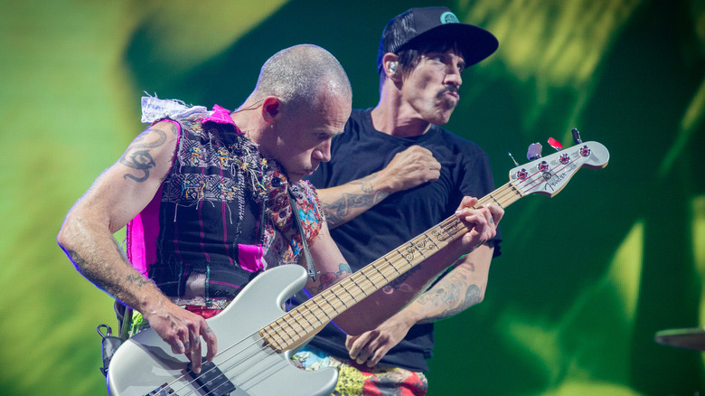 Flea and Anthony Kiedis of Red Hot Chili Peppers on stage