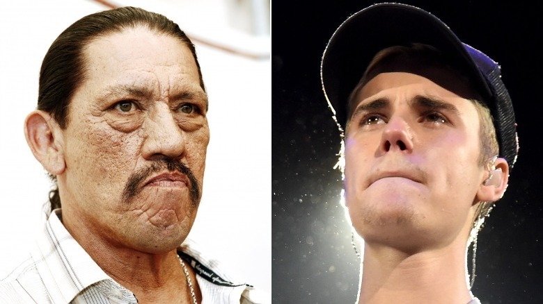 Danny Trejo looking stern; Justin Bieber teary-eyed, looking up