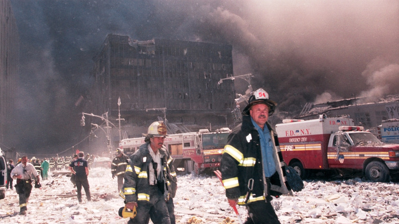 firefighters walking from Twin Towers