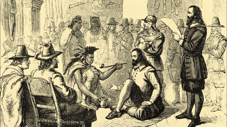 Massasoit and governor John Carver smoking a peace pipe Date