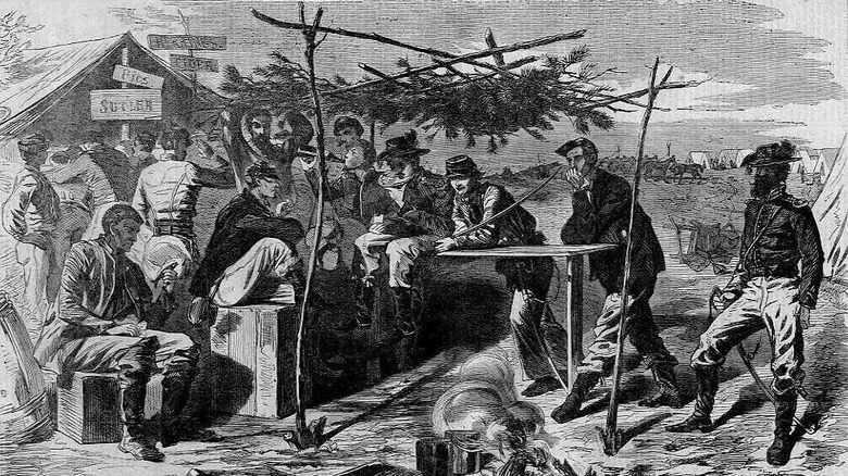 Thanksgiving in Camp, a wood engraving drawn by Winslow Homer and published in Harper's Weekly, November 29, 1862.