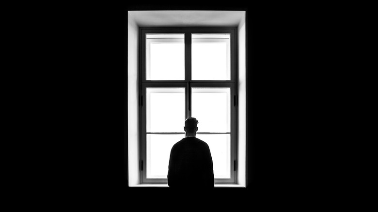 man's silhouette on window