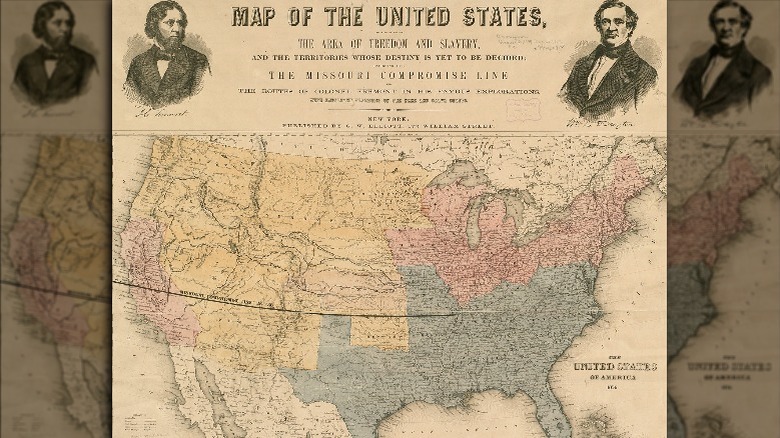 Map of the United States, showing by colors the area of freedom and slavery, and the territories whose destiny is yet to be decided, exhibiting also the Missouri compromise line