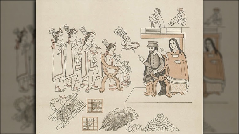 drawing of meeting of Cortes, Malinche, and Moctezuma