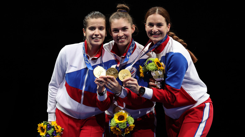 Team ROC on the podium at the Tokyo Olympics