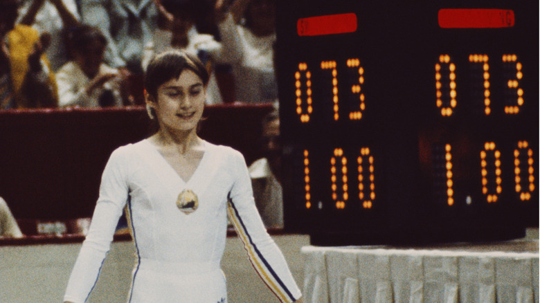 Nadia Comaneci after her perfect gymnastics routine