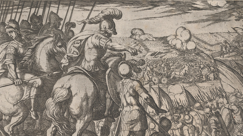 Illustration of Alexander the Great on horseback in battle. 