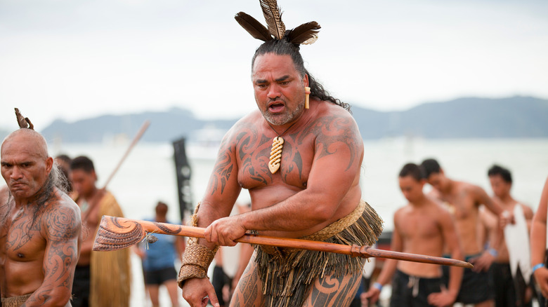 Maori men in traditional constume