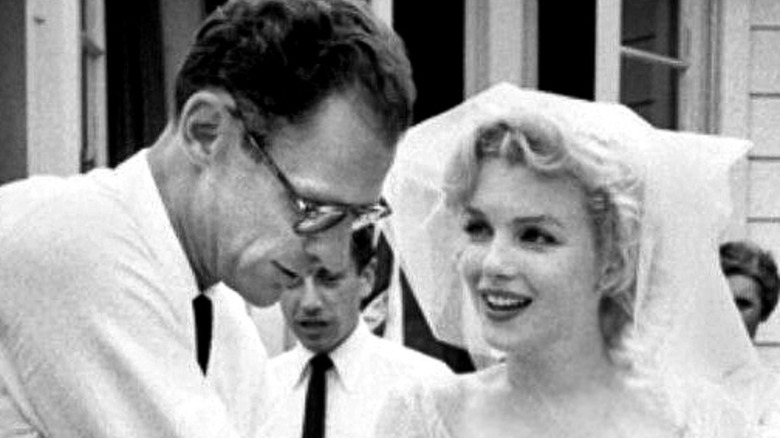 Cropped photo from the May 1961 issue of TV-Radio Mirror showing Arthur Miller and Marilyn Monroe's wedding in 1956
