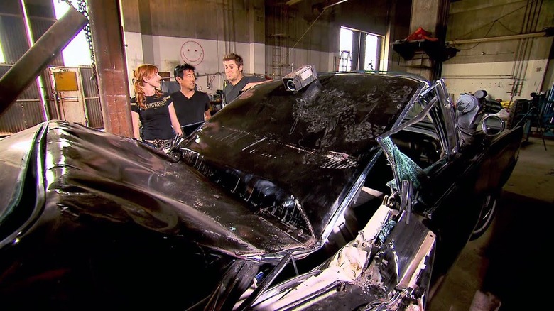 Screenshot from MythBusters Green Hornet special damaged car