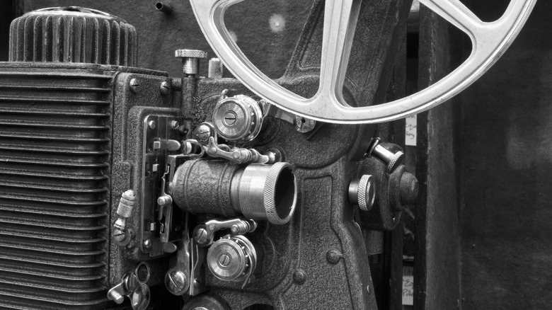 Close up of film projector black and white