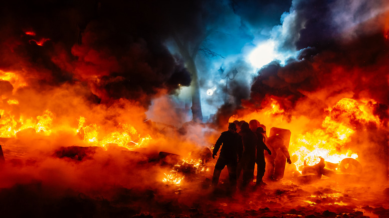 Riot cops and flames