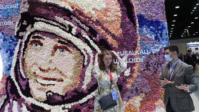 Flower mural depicting Russian cosmonaut