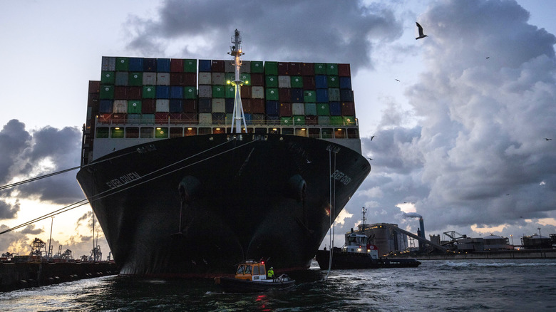 an anchored cargo ship