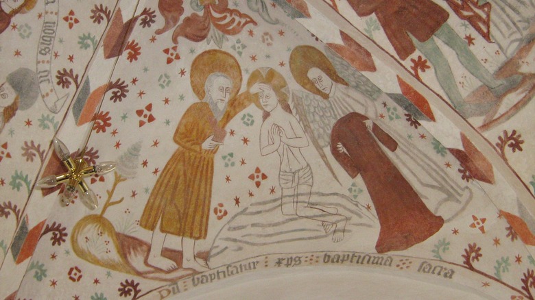 Fanefjord Church, Møn, Denmark. Fresco of Jesus' baptism