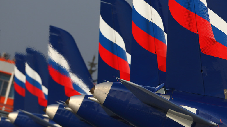 detail of Aeroflot airliner tails