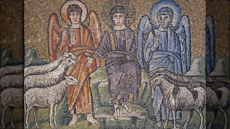 Tile mosaic in the Basilica of Sant'Apollinare Nuovo in Ravenna, Italy showing Christ separating sheep from goats