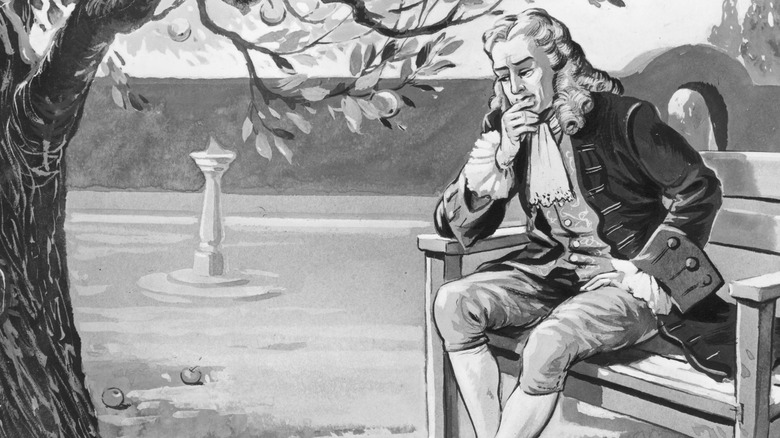 Isaac Newton sitting on bench 