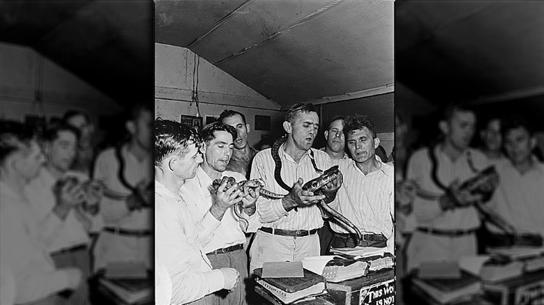 Snake handling ritual at the Pentecostal Church of God in Lejunior, Kentucky, USA, photographed in 1946.