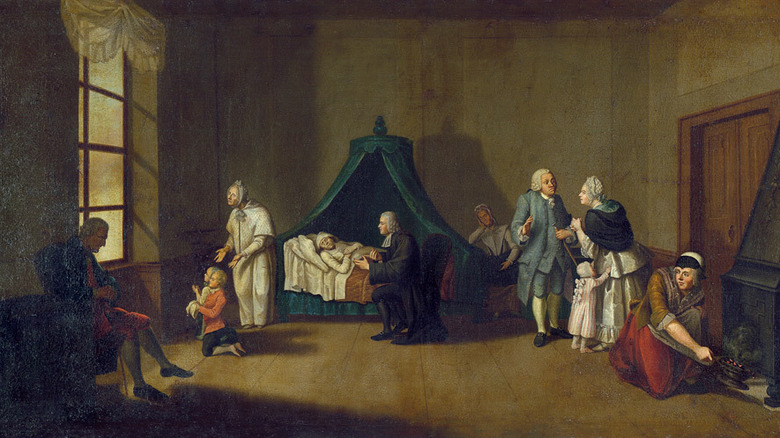 Scenery in a dying room with a widow, pastor, doctor, relatives and servants