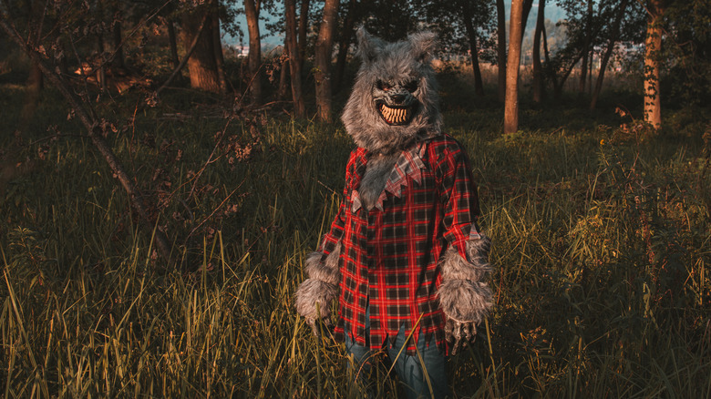 Person in werewolf costume standing by trees