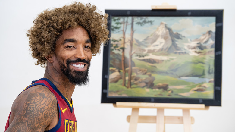 JR Smith wearing Bob Ross wig