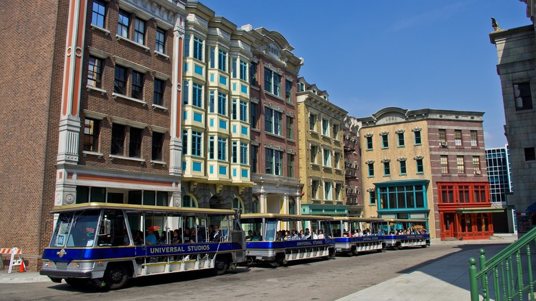 Universal Studios tour bus in front of stage